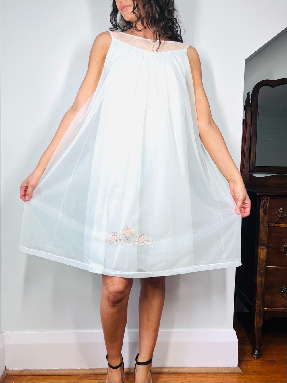 1960s Palest Blue Babydoll Nightgown with Pink Champagne Lace Yoke Sz S